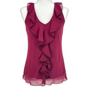 Burgundy Ruffle V Neck Sleeveless Blouse Lace Back Top Womens M